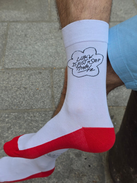 Luky Tagline Socks – White with Red Bottom