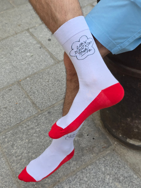 Luky Tagline Socks – White with Red Bottom