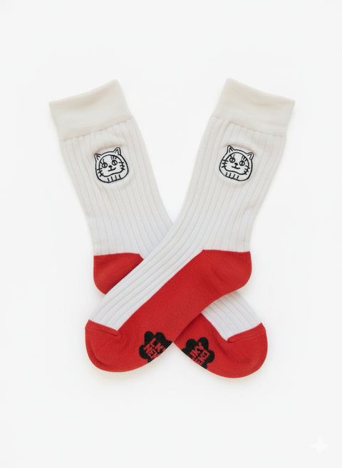Luky Cat Head Socks – White with Red Bottom