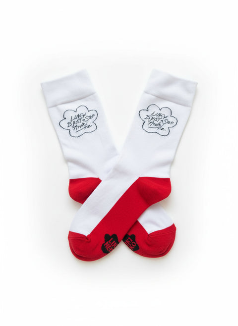 Luky Tagline Socks – White with Red Bottom
